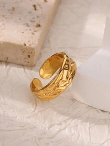 1PC Vintage Hammered Asymmetric Rings For Women Opening Gold Plated Stainless Steel Ring Fashionable Ladies Daily Jewelry Decoration