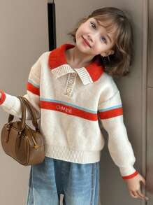 Tween Girl Solid Color Patchwork Button-Front Long Sleeve Minimalist Blouse