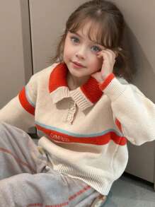 Tween Girl Solid Color Patchwork Button-Front Long Sleeve Minimalist Blouse