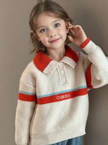 Tween Girl Solid Color Patchwork Button-Front Long Sleeve Minimalist Blouse