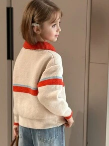 Tween Girl Solid Color Patchwork Button-Front Long Sleeve Minimalist Blouse