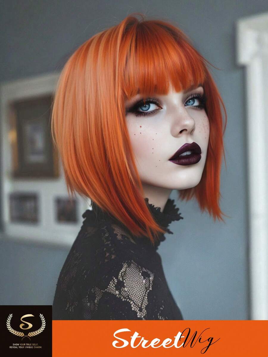 14 英寸鲍勃布朗橙色假发带刘海女士直发合成假发万圣节假发适合角色扮演派对 - 橘色 - 查看 1