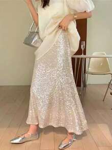 女士高腰极简亮片美人鱼半身裙，休闲日常穿着 - 杏色 - 查看 3