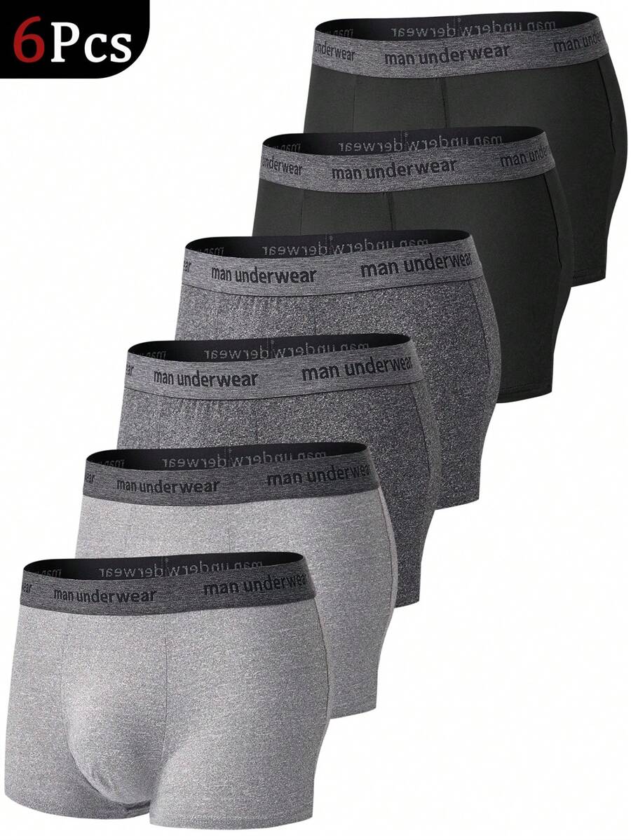 6 bóxers para hombres de color negro con banda de cintura con letras, ropa interior deportiva para hombres, shorts delgados y elásticos de unicolor, bóxers cómodos y de moda para hombres