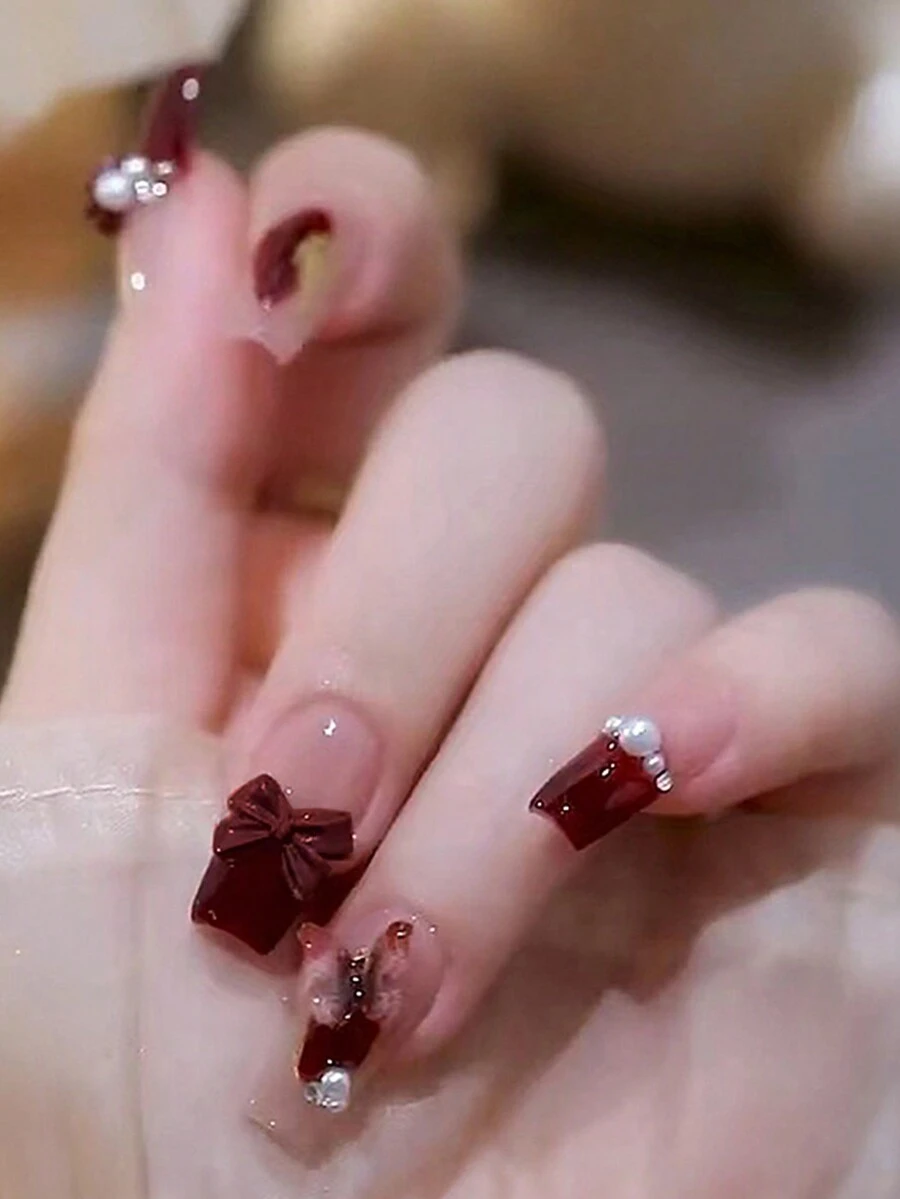 Miếng dán móng tay hình học dài thủ công, thích hợp cho sử dụng hàng ngày, đám cưới, tiệc tùng, bao gồm 1 miếng keo dán và 1 miếng giũa đánh bóng - Nhiều màu - Xem 1