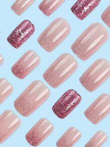 24Pcs Rectangle Shape Long Lasting Ombre Glitter Design False Nails Nail Art Kit, Suitable For Women And Girls Press On Nails Nail Supplies Nails - Baby Pink - View 3