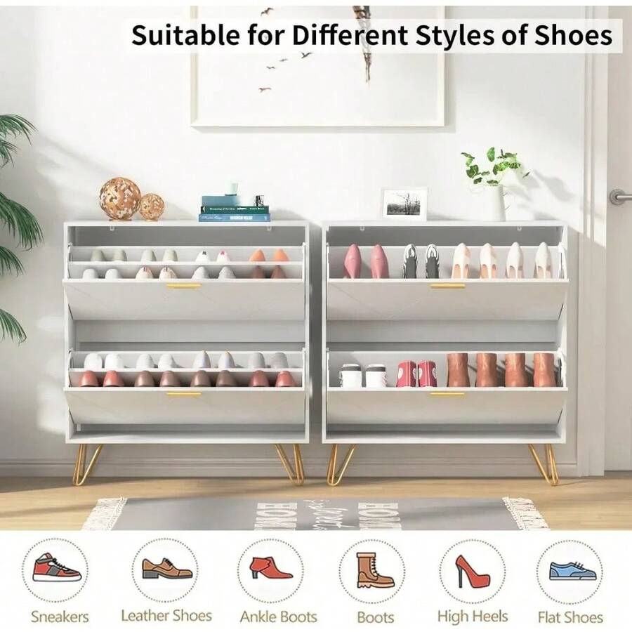 Shoe For Entryway, White Narrow Shoe Storage With 2