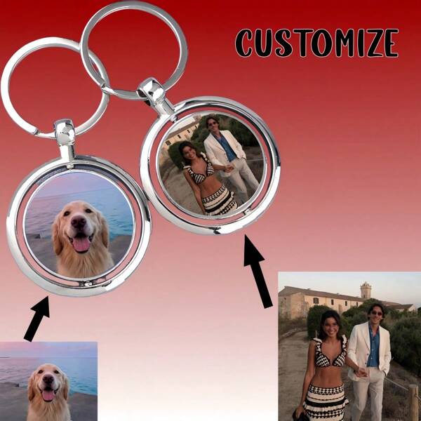 Chaveiro de foto redondo de dupla face giratório personalizável, material de liga de zinco, perfeito para presente de Natal, família, amigos e animais de estimação