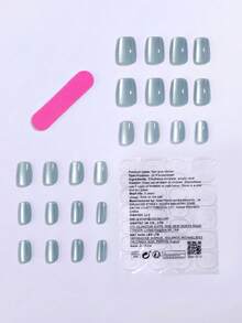 24 chiếc móng tay giả vuông vừa, móng tay giả mắt mèo màu xanh và trắng, móng tay giả phủ toàn bộ cho phụ nữ và trẻ em gái - Màu xanh nhạt - Xem 3