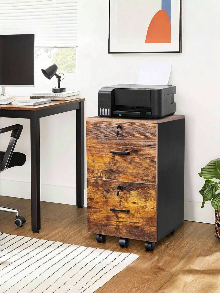 2Drawer Small Rolling File With Lock, Wood Filing For