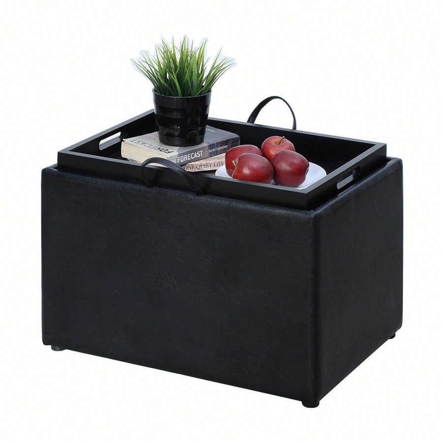 Storage Bench With Reversible Tray, Blue Leather SHEIN USA