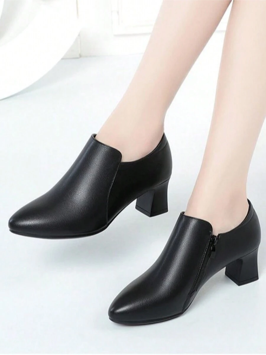 女士深 V 形开口平底便鞋，软底秋季工作鞋，中跟黑色系带皮革休闲牛津鞋 - 黑色 - 查看 1