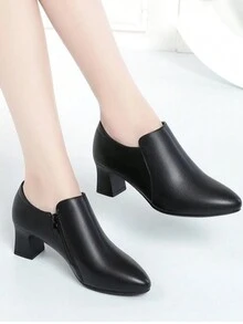 女士深 V 形开口平底便鞋，软底秋季工作鞋，中跟黑色系带皮革休闲牛津鞋 - 黑色 - 查看 7