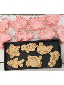 8 件套卡通海洋动物饼干模具，海龟螃蟹海豚 3D 立体翻糖烘焙模具工具 - 粉色 - 查看 5