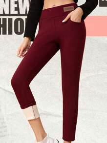 1pc Women's Warm Thicken Thermal Lined Leggings Pencil Pants, Wine Red, Winter