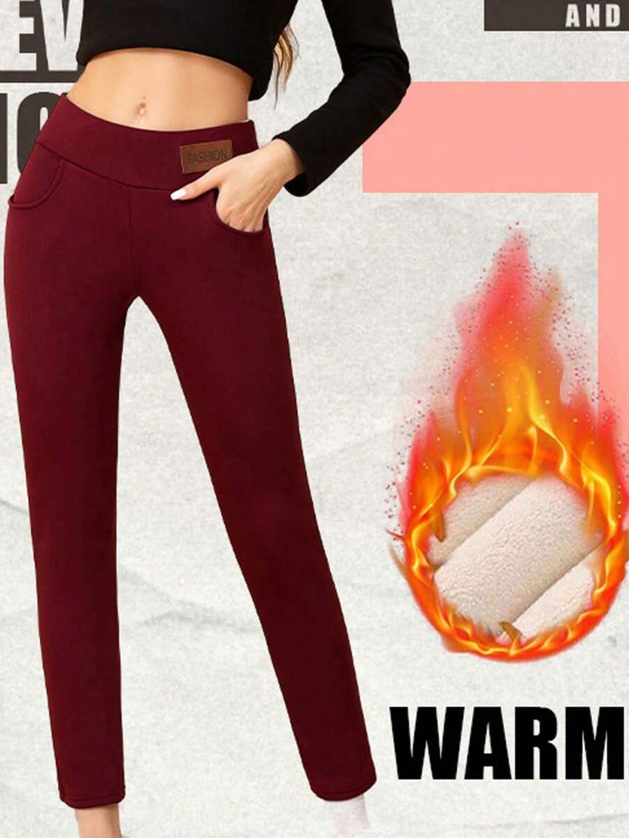 1pc Women's Warm Thicken Thermal Lined Leggings Pencil Pants, Wine Red, Winter