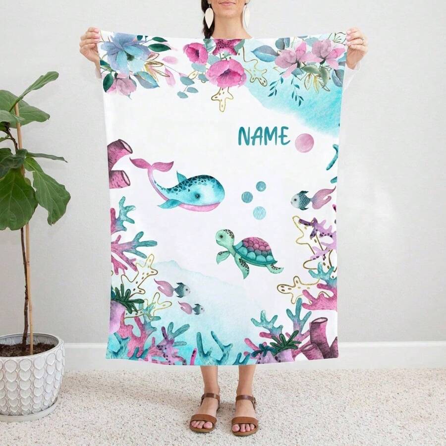 Personalized Whale And Sea Turtle Baby Blanket, Baby Name Blanket