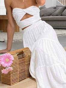 Women's Summer Bohemian Pleated A Word Elegant Swing Layered Long Skirt With Pockets - 白色 - 查看 5