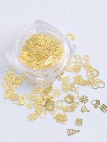 1盒冬季聖誕美甲裝飾，金色金屬箔片、雪花、雪人、聖誕花環、愛心、襪子圖案美甲配件與工具，DIY優雅美甲裝飾技巧，美甲沙龍用品美甲飾品 - 金色 - 查看 10