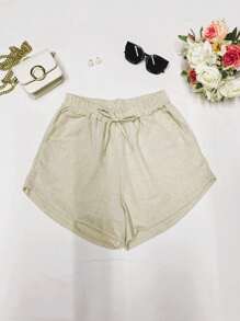 Women's Linen Shorts With Elastic Waistband And Pocket. - 自然的 - 查看 1
