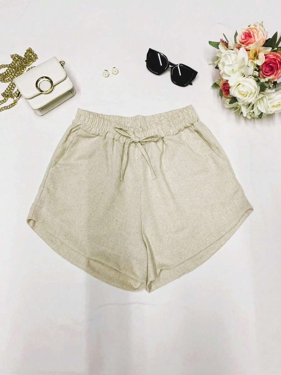 Women's Linen Shorts With Elastic Waistband And Pocket. - 自然的 - 查看 1