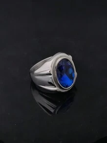 Anillo de alta calidad enchapado en oro de 18 quilates de acero inoxidable 316 con cristal azul de zafiro sintético, para hombres y mujeres