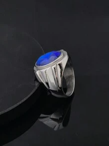 Anillo de alta calidad enchapado en oro de 18 quilates de acero inoxidable 316 con cristal azul de zafiro sintético, para hombres y mujeres