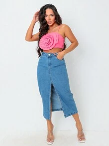 Modern High Waisted Plus Size Denim Midi Skirt With Front Slit - 藍色 - 查看 5