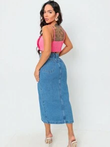 Modern High Waisted Plus Size Denim Midi Skirt With Front Slit - 藍色 - 查看 3