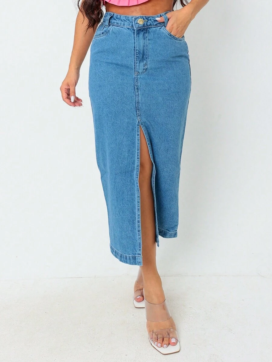 Modern High Waisted Plus Size Denim Midi Skirt With Front Slit - 藍色 - 查看 1