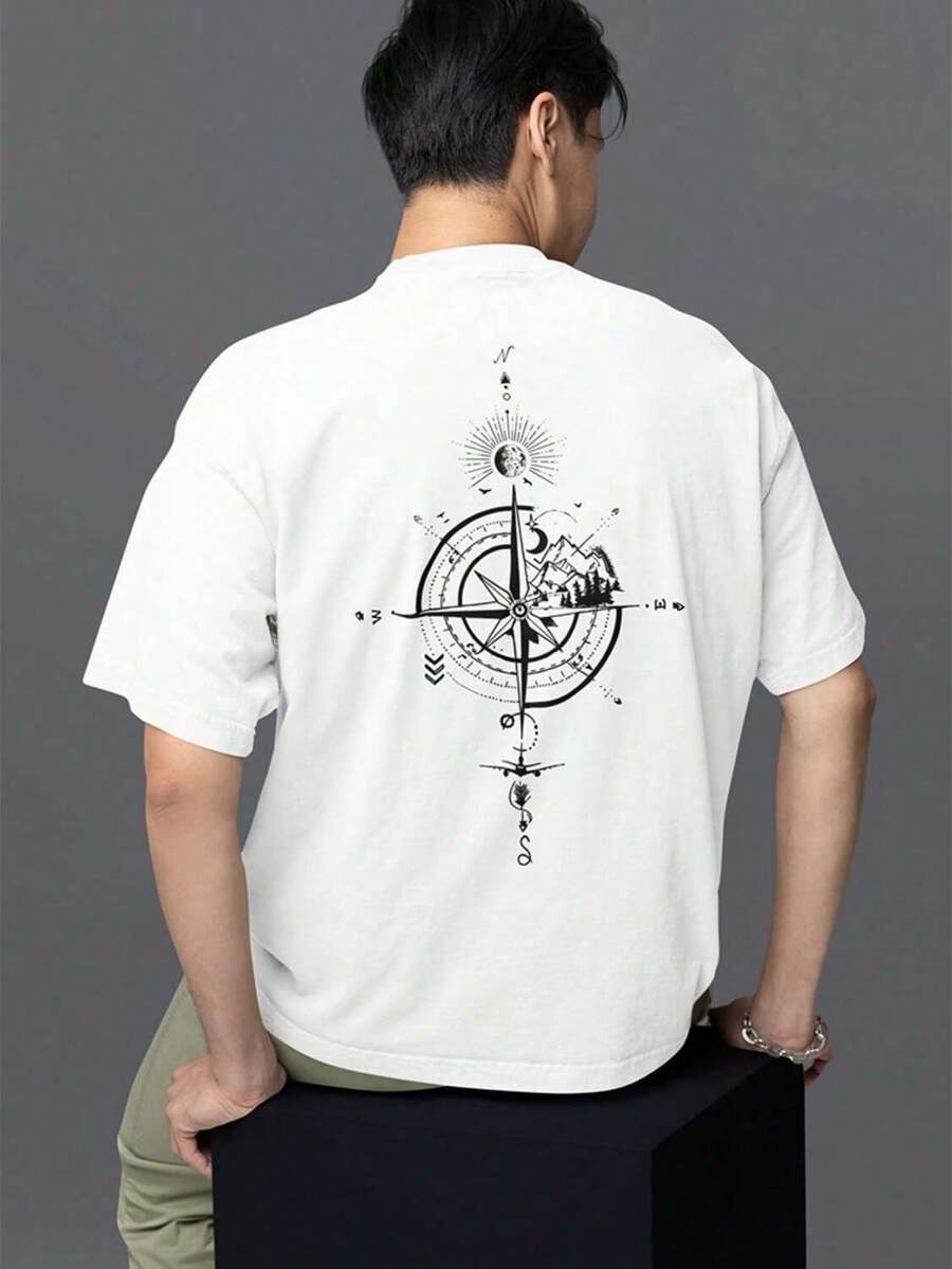 Women's Casual Oversized Blouse With Black Compass Print - trắng - Xem 1