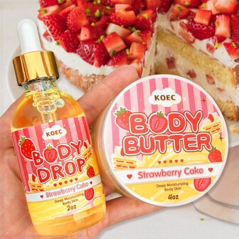KOEC 草莓蛋糕身体釉和身体滴剂双套装，持久香味身体护肤产品，皮肤保湿霜身体果汁油