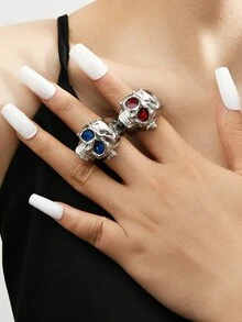 1 件时髦朋克风格银色骷髅戒指，配不锈钢弹性表带，男女多指手表，日常佩戴，绿蓝红紫红眼骷髅手表戒指 - 骷髏手錶戒指 - 查看 2