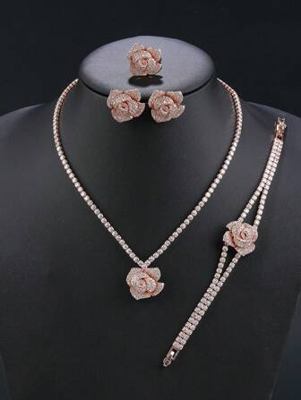 1 Set de 5 piezas de Joyería de Flor de Rosa de Lujo: Collar, Aretes, Pulsera, Anillo, Conjunto de Joyas de Estilo de Moda con Circonita Cúbica, Accesorio para Vestido, Regalo para Fiestas y Cumpleaños