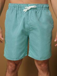 Men's Bermuda Shorts Men Shorts Striped Print Drawstring Waist - 薄荷綠 - 查看 5