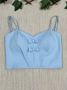 Tailored Cropped Top With 2 Bows At The Front, Elastic At The Back With Padding, Adjustable Straps, One Size Fits 38-42 - Màu xanh nhạt - Xem 1