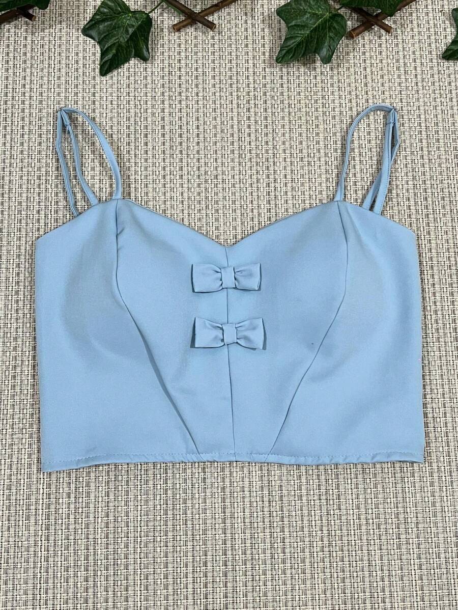 Tailored Cropped Top With 2 Bows At The Front, Elastic At The Back With Padding, Adjustable Straps, One Size Fits 38-42 - Màu xanh nhạt - Xem 1
