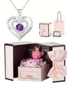 1 件我爱你到月亮和背面心形吊坠项链配粉红玫瑰和熊盒珠宝礼物周年纪念礼物结婚礼物女士情人节