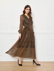 女士纯色 V 领围裹式系腰优雅长袖连衣裙 - 咖啡 - 查看 2