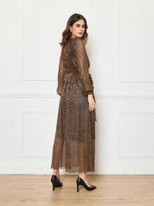 女士纯色 V 领围裹式系腰优雅长袖连衣裙 - 咖啡 - 查看 3