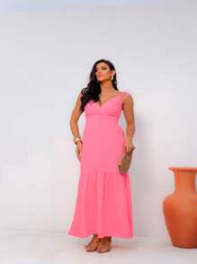 Women's Long Dress With Side Slit, Crossed Neckline And Thin Straps, Viscolinho - Hồng - Xem 6