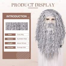 مجموعة زي ساحر رمادي مع شعر طويل مجعد ولحية - شعر اصطناعي مقاوم للحرارة للرجال للتنكر والحفلات الموضوعية - رمادي فاتح - مشاهدة 3