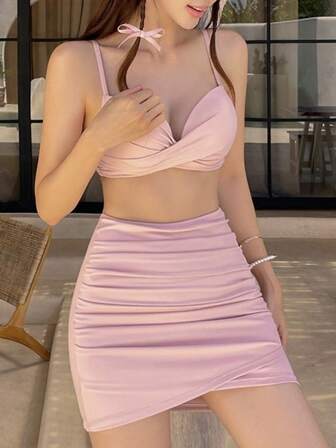 3 件套女士纯色简约比基尼套装，性感聚拢小胸，海滩度假泳装夏季