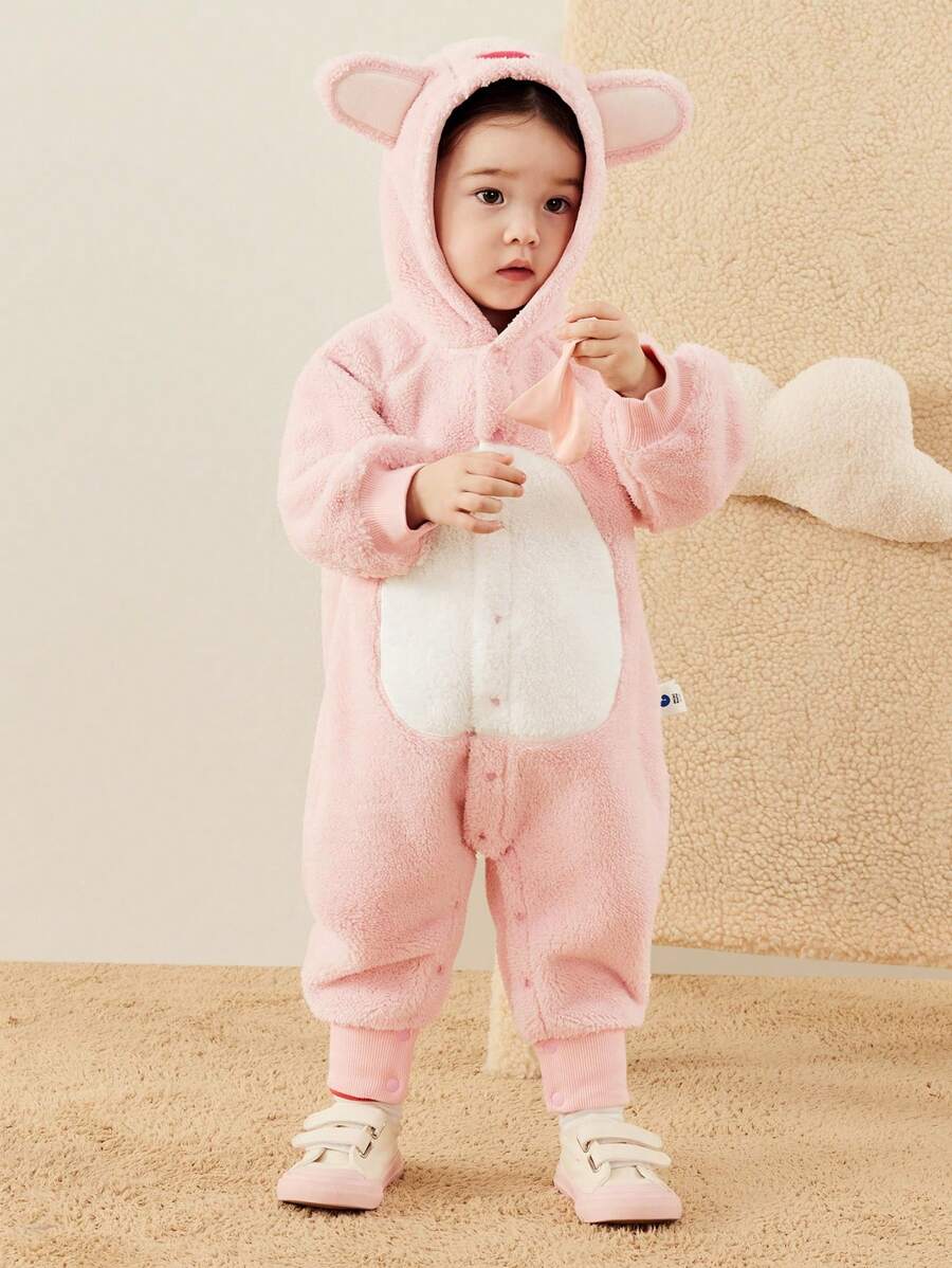 mini bala 男童和女童双面毛绒连帽连体衣 冬季保暖系列 - 粉色 - 查看 1