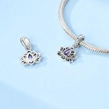 925 Sterling Silver Elegant Purple Artificial Zirconia Lotus Charm Pendant Fit Bracelet Necklace Yoga Chakra Healing Stone Bar Necklace Female Balance Banquet Fine Jewelry Couples Holiday Party Anniversary Gift