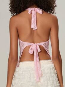 Women's Y2K Sexy Halter Tank Tops Slim Fit Lace See Through Backless Tie Up Sleeveless Vests Summer Going Out Crop Tops Streetwear Clubwear - 粉色 - 查看 4