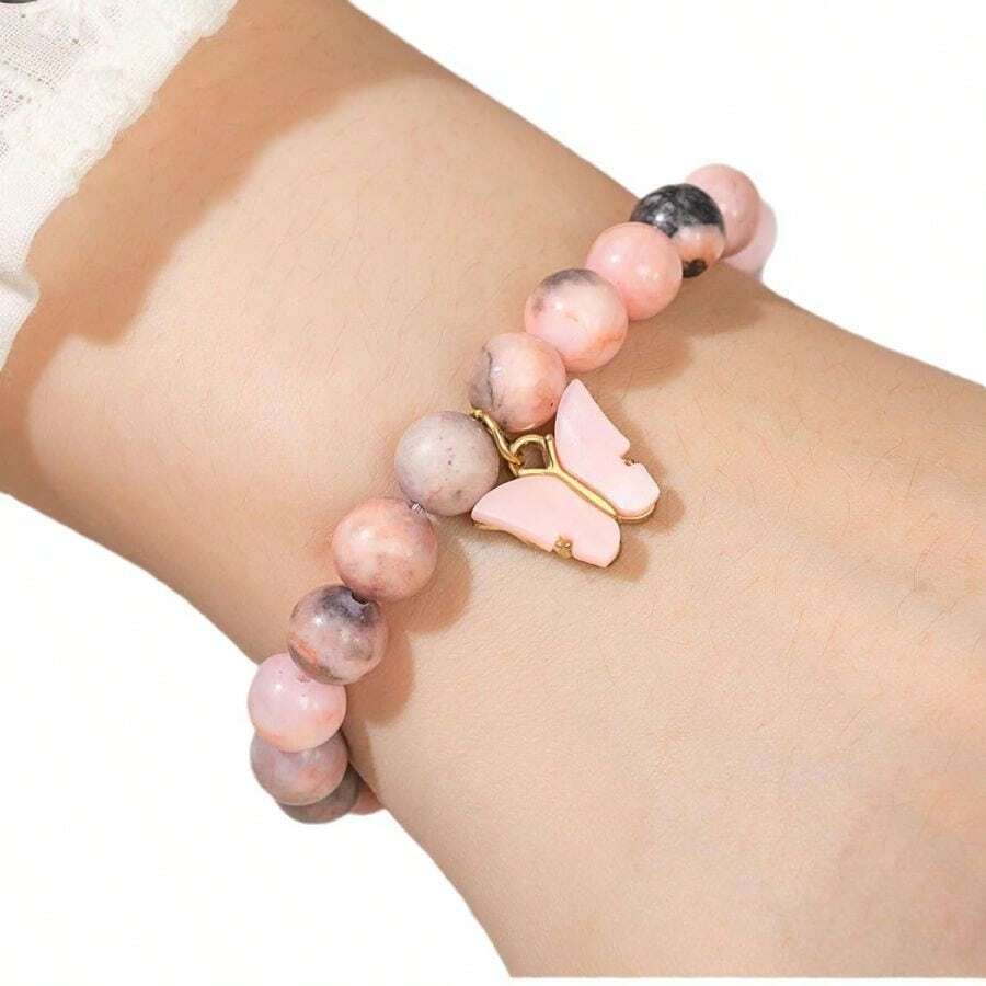 1 chiếc vòng tay mặt bướm 8mm Vòng tay hạt đàn hồi đá mã não sọc tím ngựa vằn hồng - Nhiều màu - Xem 1