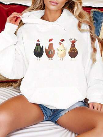 Christmas Chicken Pattern Casual White Pullover Sweatshirt