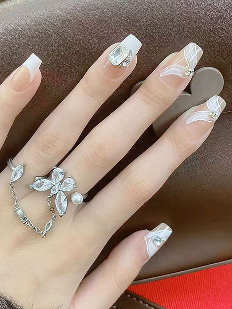 Móng tay giả hình thang dài thủ công, trang trí nghệ thuật móng tay cho mục đích sử dụng hàng ngày/tiệc tùng, bao gồm 1 miếng gel và 1 miếng đệm - Nhiều màu - Xem 1