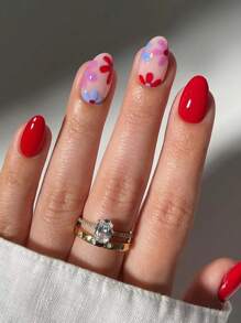 24片椭圆形花朵美甲贴纸，亚克力材质，包含1瓶果冻胶和1把指甲锉，适合女性和女孩日常、工作、学习和派对使用。